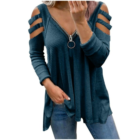 LYXSSBYX Blouses for Women Fashion Womans Tops with V-Neck Shirt Women Casual Long Sleeve Zipper Hollow Out T-Shirt Blouse Tops