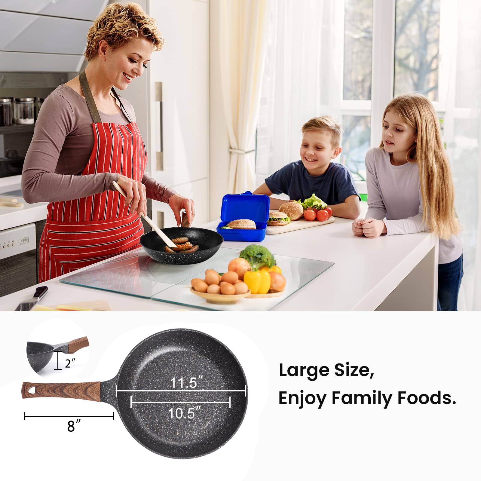 UMETRE NonStick Frying Pan, 9.5 /11 Cooking Pan with Glass Lid, Non stick  Deep Frying Pans with White Granite Coatings, Saute Pan, Stone Cookware
