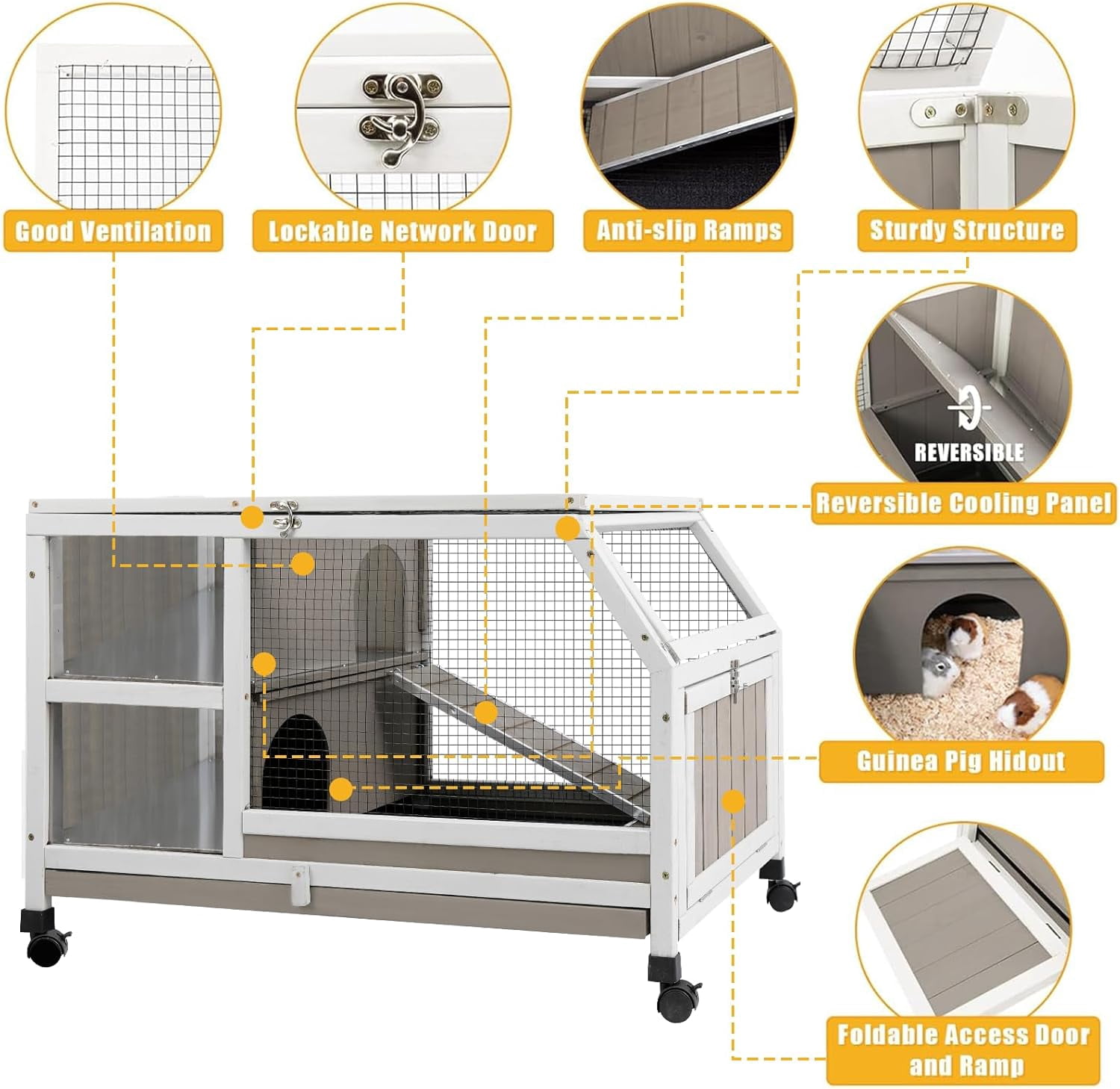 PETSCOSSET Guinea Pig Cage Indoor, Large Small Animal Cage on Wheels with Ramp & Hideout, Easy Clean Hamster Cage with Deep Pull-Out Tray for Rabbit, Hedgehog, Gerbil, Rat, Chinchilla