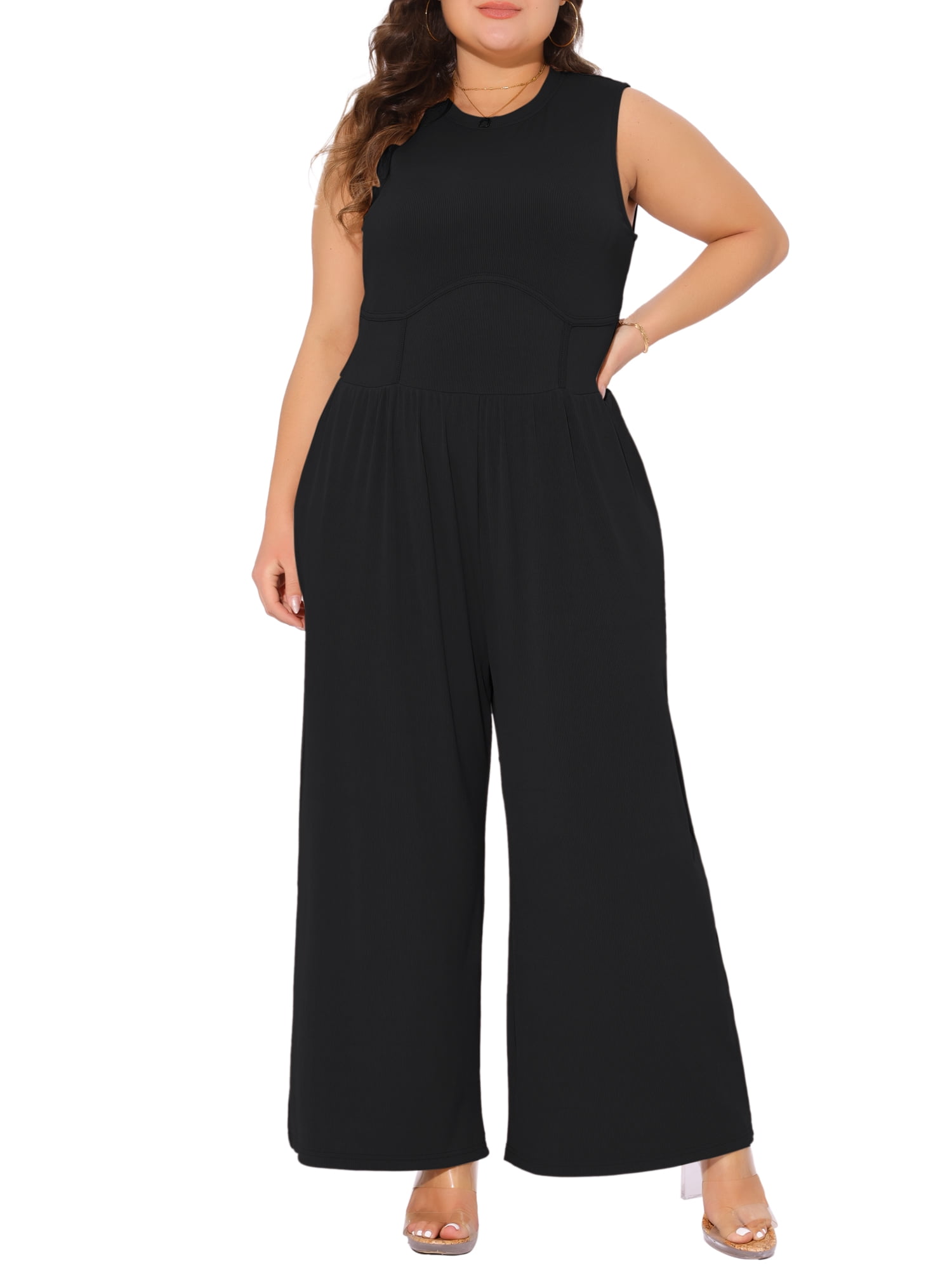 DARING DIVA Women's Plus Sleeveless Crew Neck Jumpsuit with Pockets 4X Black