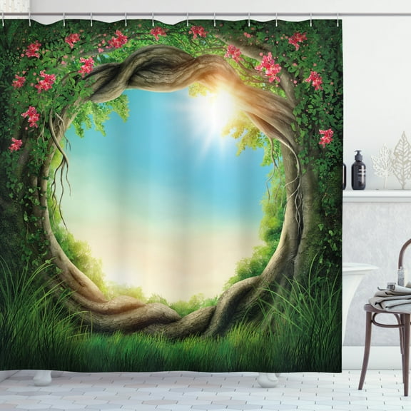 Ambesonne Tree Shower Curtain, Enchanted Forest in Spring, 69"Wx84"L, Green Pink Cocoa
