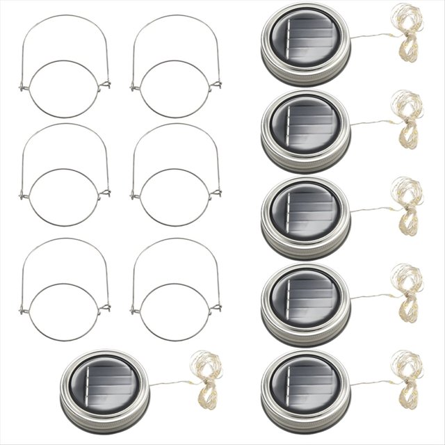 Paquete de 6 Luces Solares para Tapas de Frascos, 6 Luces LED con Forma de Estrella de Hadas y Luciérnagas, 6 Colgadores Incluidos, para Patio y Jardín.