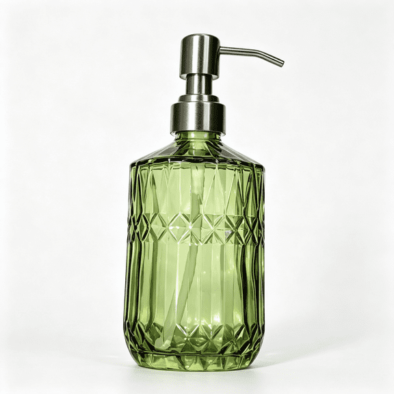 18 Oz Green Glass Soap Dispenser, Diamond‑Cut Embossed Bottle with 304 Stainless Steel Rust‑Proof Pump, Refillable Liquid Hand Soap Dispenser for Kitchen Sink & Bathroom Vanity, for Dish Soap, L