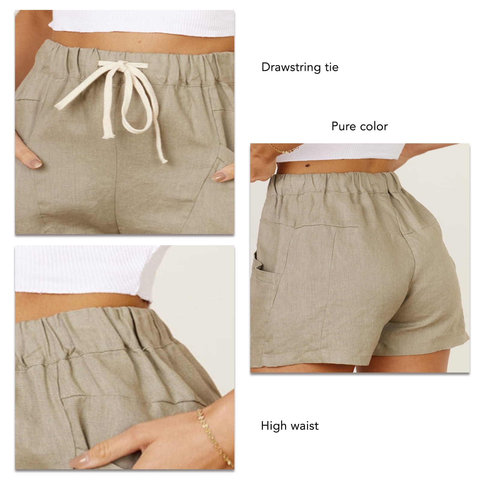 Pocket Shorts Plain High Waist Stylish Casual Loose Tie Shorts for Work Home Summer Khaki L Walmart