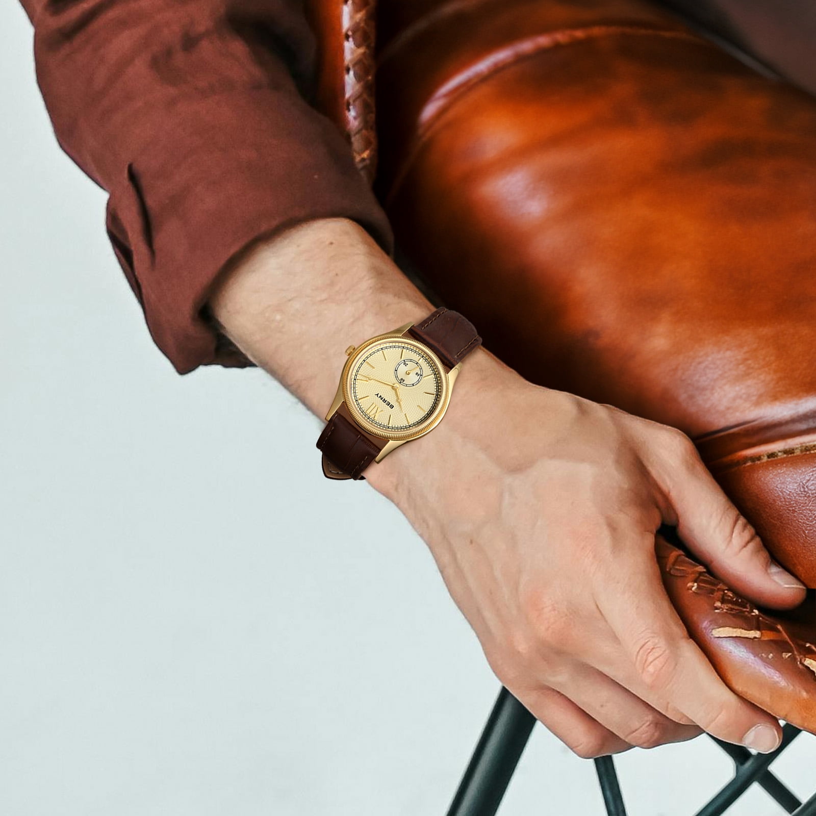 BERNY Watches for Men, Ultra-Thin Minimalist Leather Watch, Stainless Steel Case, Waterproof Analog Quartz Watch, Business Dress Watches with Small Seconds (Gold)
