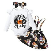 SOBOWO Halloween Newborn Baby Girl Outfits Ruffle Sleeve Romper Pumpkin Bat Ghost Suspender Skirt Set Headband 3PCS Clothes Set (0-3 Months, White)