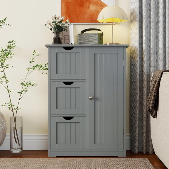 Moccha Bathroom Floor Cabinet, Modern Storage Cabinet with 3 Drawers & Adjustable Shelf, Wood Bathroom Storage Cabinet for Entryway Home Office, Grey