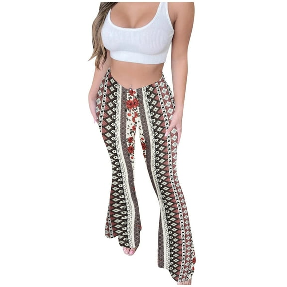 Clearance Under $10 Miqool Women's Vintage Print Floral Boho Flare Pants High Waisted Stretch Bell Bottom Yoga Leggings Retro 70s Wide Leg Hippie Pants Trousers