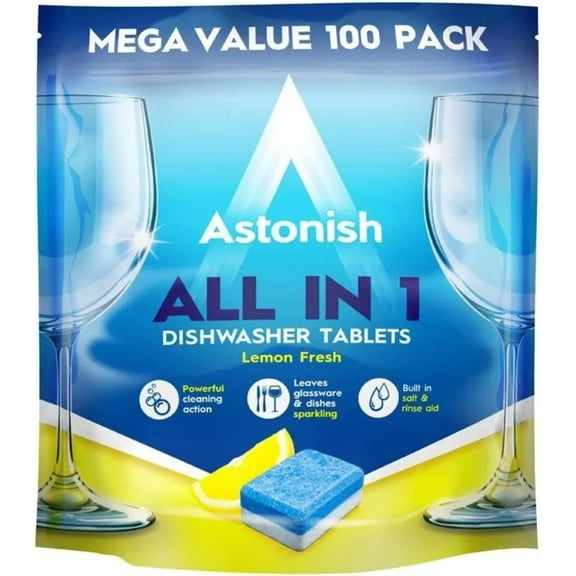 Astonish All In 1 Dishwasher Tablets - Household Cleaner Removes Grease, Grime, & Surface Stains - Dishwasher Soap with Salt & Rinse Aid, Cruelty Free Dishwasher Detergent, Lemon Fresh, 100 Pack