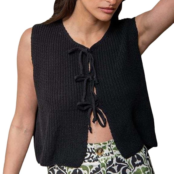 UJNDER Tie Front Vest Top Crochet Sweater Vest for Women Sleeveless Casual Knit Open Front Black S