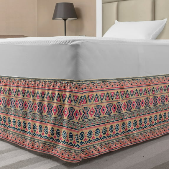 Geometric Bed Skirt, Vintage Style Ethnic Print of Triangles Circles Zigzags, Elastic Bedskirt Dust Ruffle Wrap Around for Bedding Decor, 4 Sizes, Pink Pastel Brown, by Ambesonne