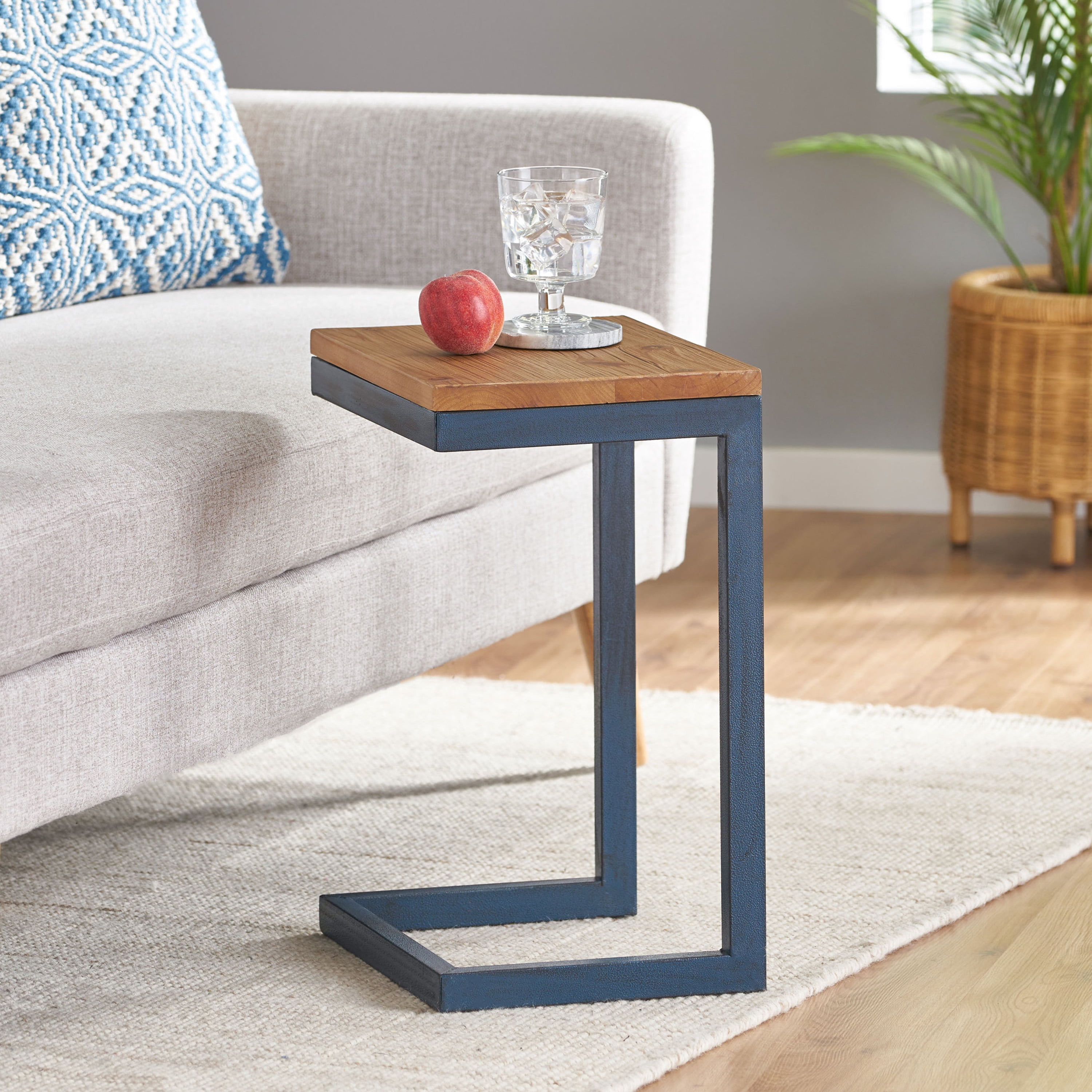 Firwood Antique C-Shaped End Table, Natural Wood Top with Black Iron Base, 19" H Industrial Accent Table for Living Room Bedroom Sofa Side