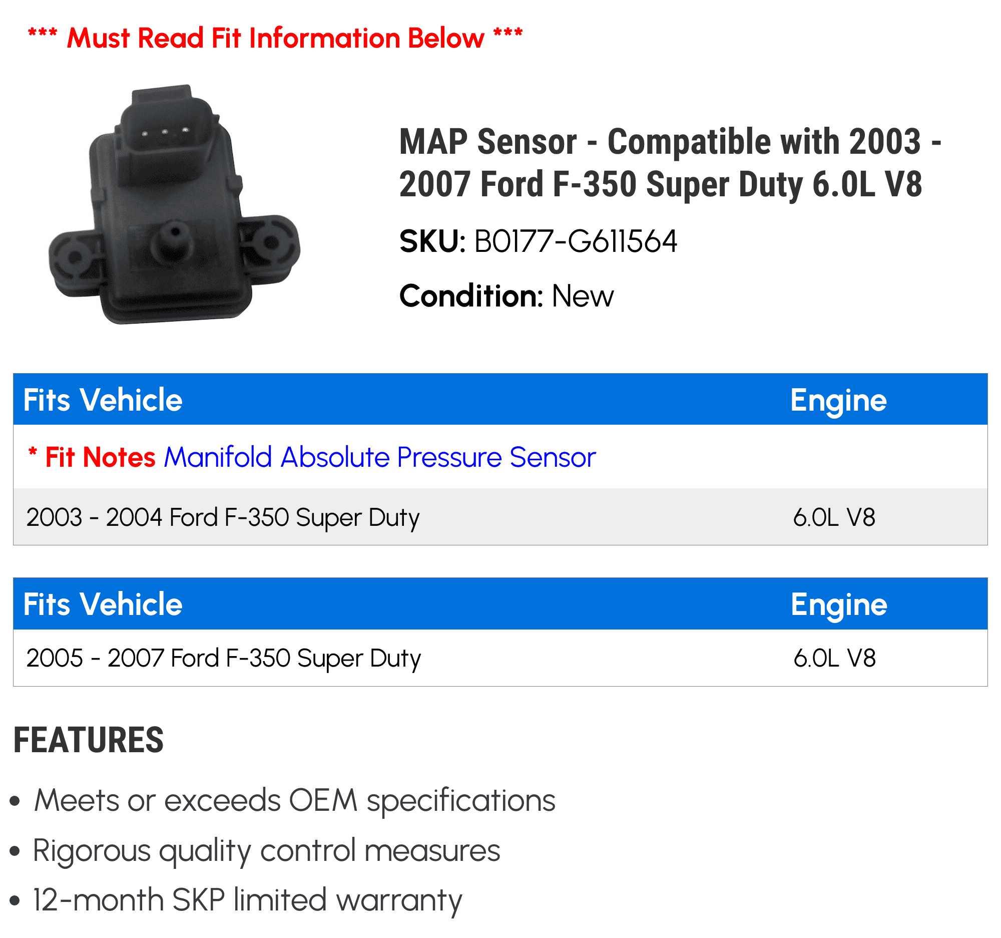 MAP Sensor - Compatible with 2003 - 2007 Ford F-350 Super Duty 6.0L V8 2004 2005 2006