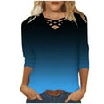 thumbnail image 2 of Gaecuw Womens Blouses 3/4 Sleeve Loose Fit Summer Gradient Criss Cross T Shirts V-Neck Comfort Tees Pullover Shirts Three Quarter Tops Trendy Blouse Dressy Plus Size Blue 2XL, 2 of 5