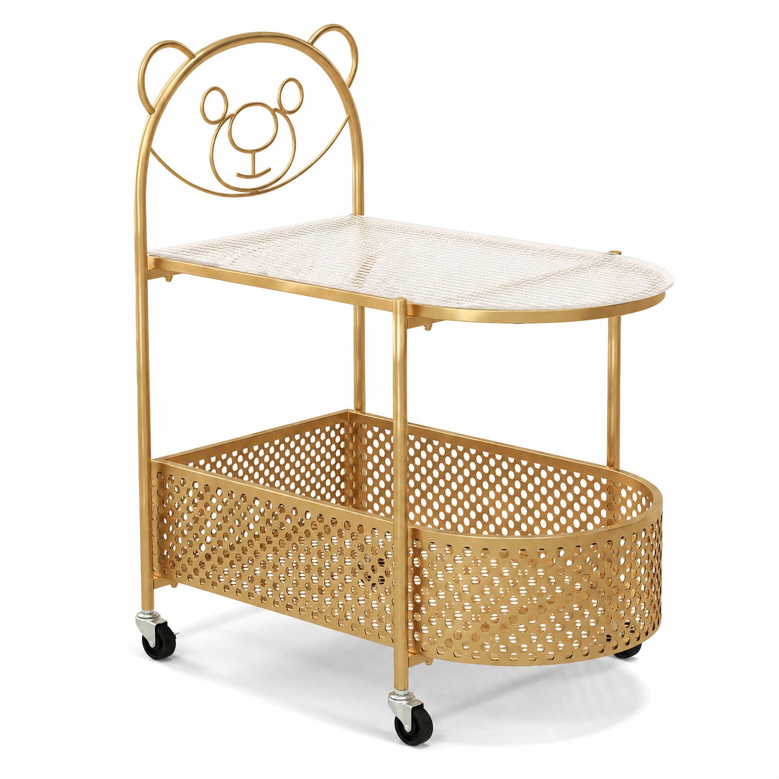 Furnibear 2 Tier Mobile Glass Coffee Table with Rolling Casters and Bear Pattern Storage Basket for the Small Living Room, Golden