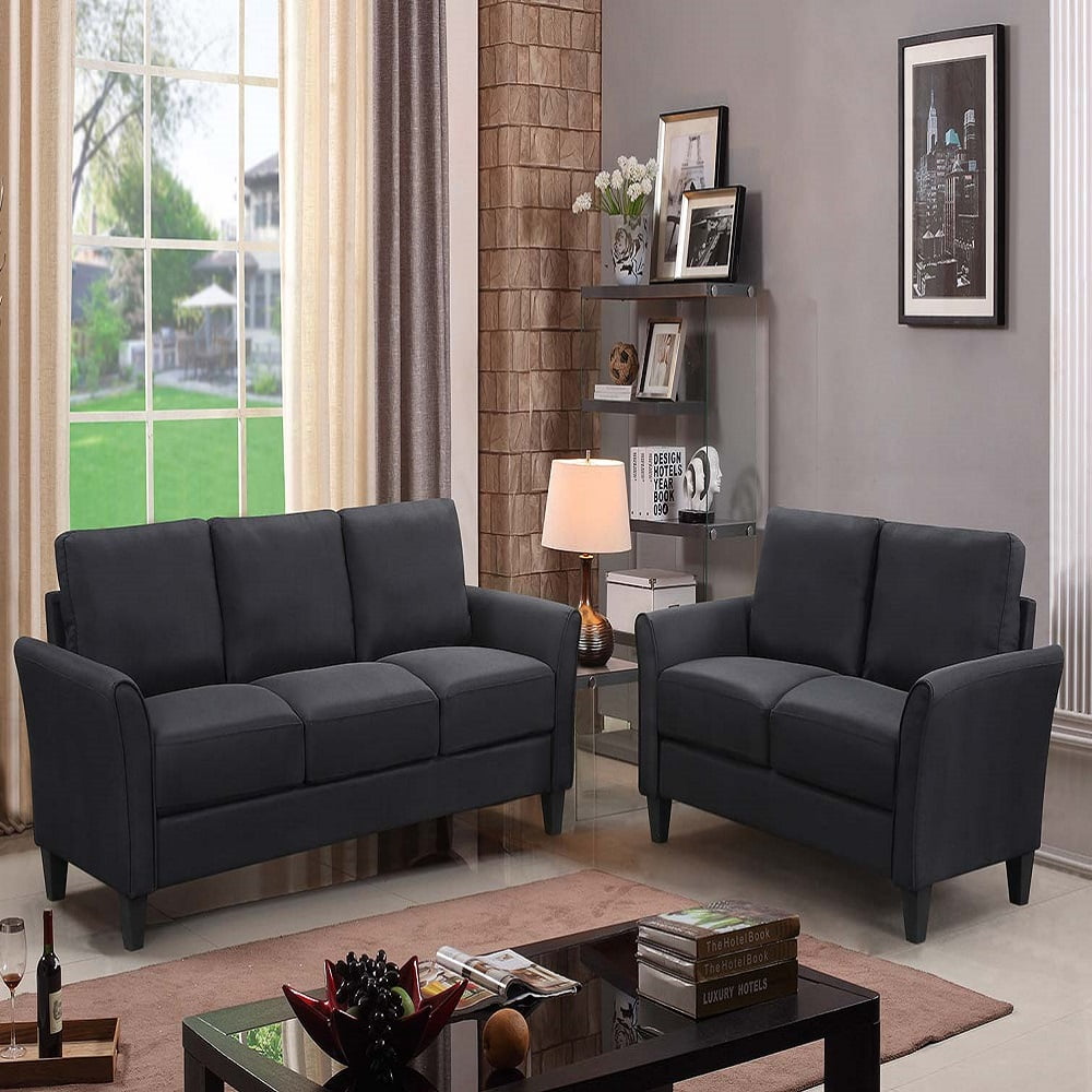 Kepooman Mid-Century Modern Curved Arm Loveseat Sofa & 3-seat Sofa for Living Room, 72.4”W x 29”D x 33”H, Black Kepooman Mid-Century Modern Curved Arm Loveseat Sofa & 3-seat Sofa for Living Room, 72.4”W x 29”D x 33”H, Black