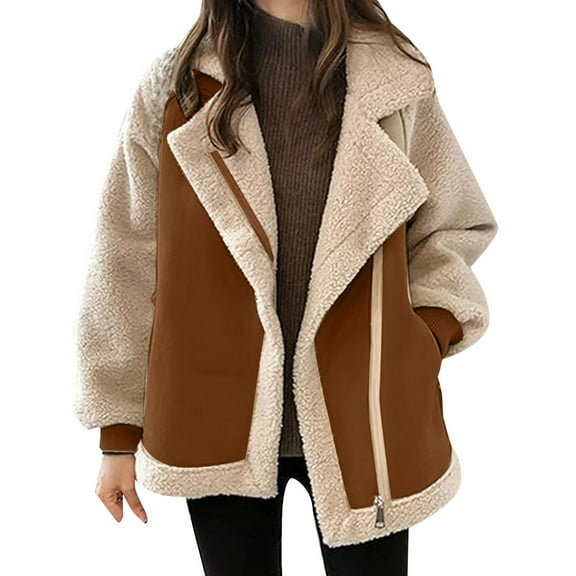 Fall Jackets For Women Patchwork Lapel Lamb Wool Zipper Color Block Oversize Warm Fleece Lined Outerwear Trendy Clothes