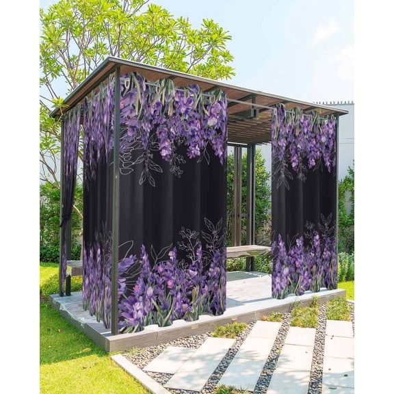 Lavender Outdoor Curtains for Patio, Spring Purple Flowers Watercolor Style Black Waterproof Weatherproof Outside Privacy Curtains Outdoor Drapes for Porch Pergola Gazebo 54x84 Inch, 2 Panel