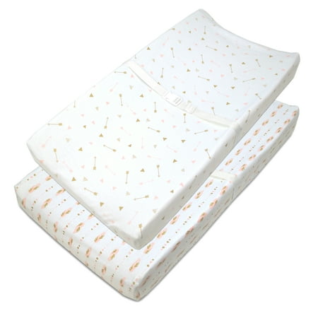 American Baby Company 100% Jersey Cotton Sparkle Gold/Pink Feathers Changing Pad Cover, 2 Count