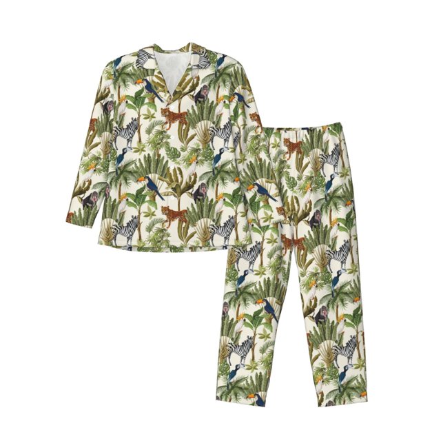 Balery Jungle Animals Pijama para Hombre de Dos Piezas con Manga Larga, Conjunto de Dormir y Descanso Suave con Bolsillos-Small