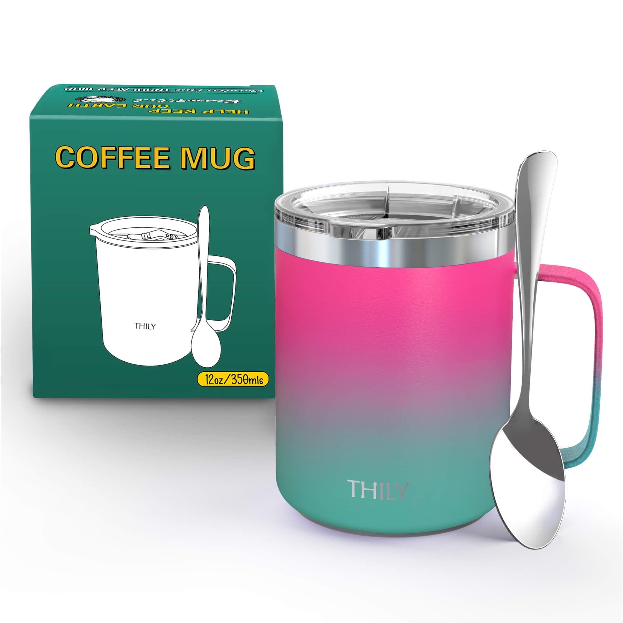 IN STOCK, Green Pink Ribbed Ceramic Travel Mug With Silicone Lid