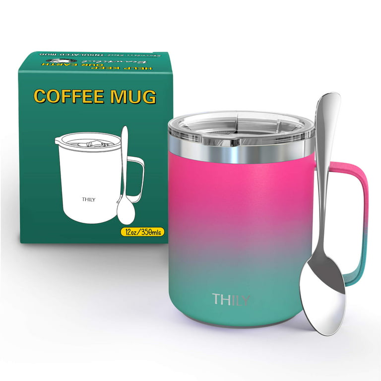 Stainless Steel Insulated Coffee Cup, THILY 12 oz Vacuum Insulated Travel Mug with Handle, Spill-Proof Lid, Keep Coffee Cold or Hot, Ombre: Pink 