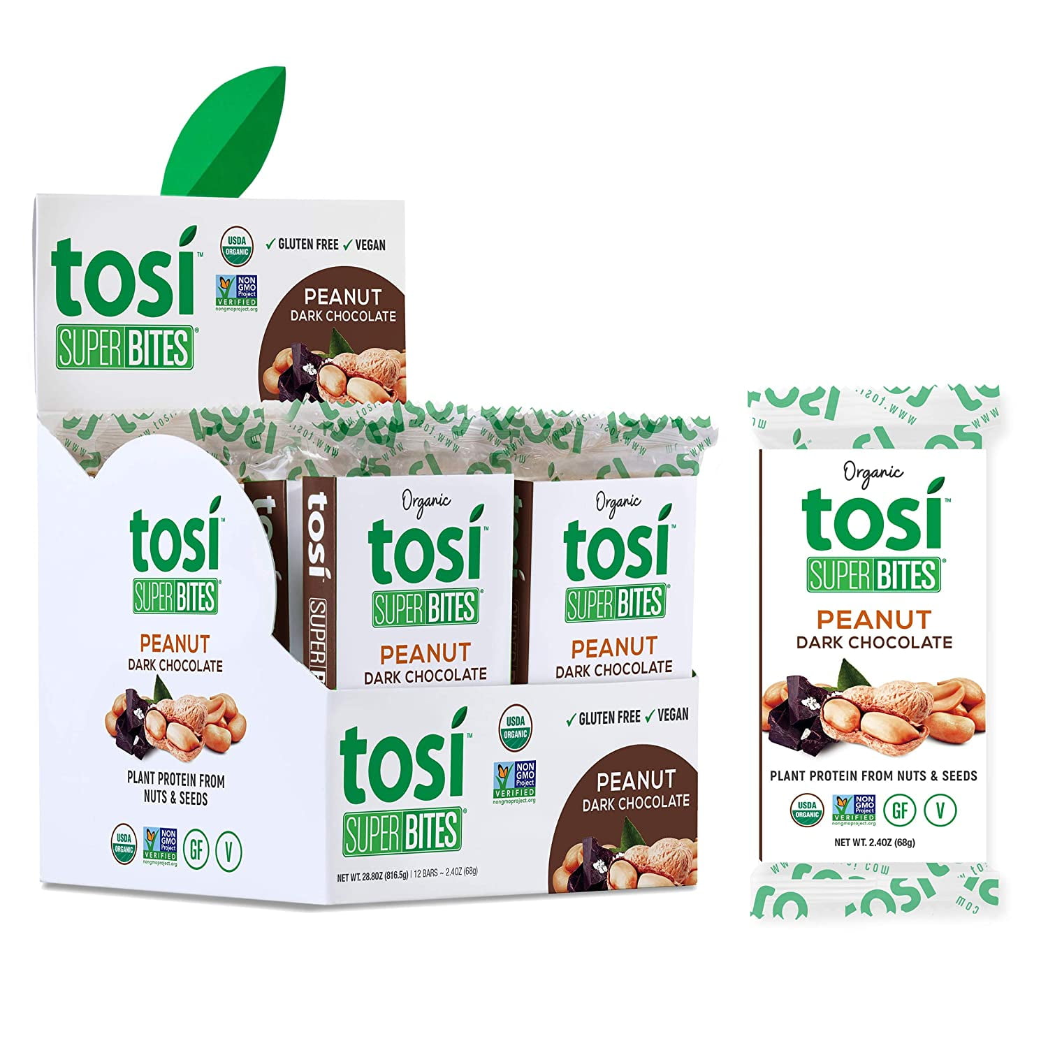 TOSI SuperBites, Gluten-Free Snack Bars, Peanut Dark Chocolate, Vegan, Organic, 2.4 oz, 12 bars