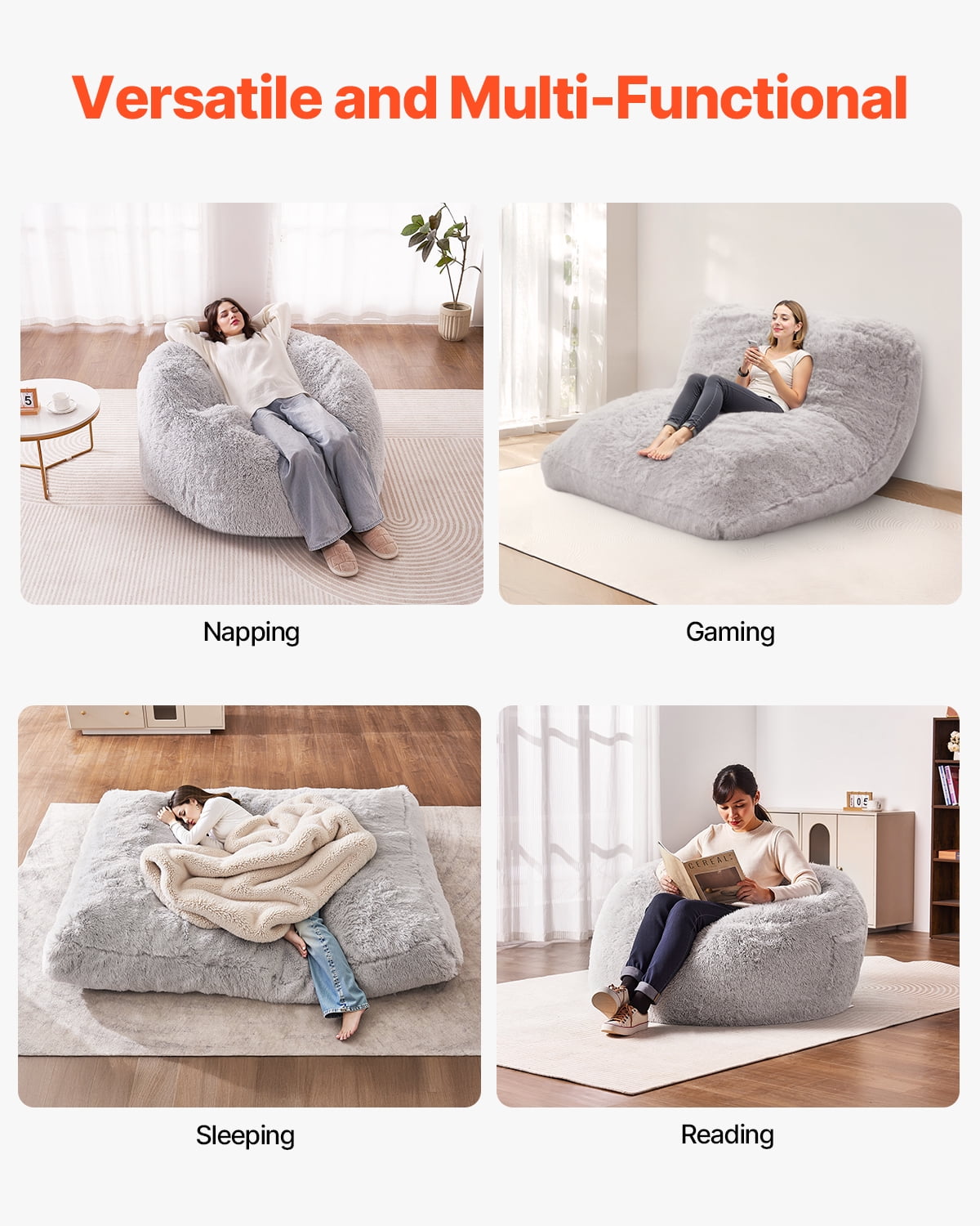 VEVOR Bean Bag Bed Chair, Convertible Chair from BeanBag to Lounge or Mattress, Gaint Bean Bag Chair Bed with Washable Cover for Adults, Fluffy Plush, Foam Filling and Side Pocket, Grey(Full Size)
