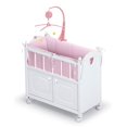 thumbnail image 1 of Badger Basket Wooden Toy Doll Bed with Bedding, Storage Cabinet, Mobile, and Wheels - Fits 18 to 22-Inch Dolls, White with Pink Gingham Fabric for Pretend Play, 1 of 5