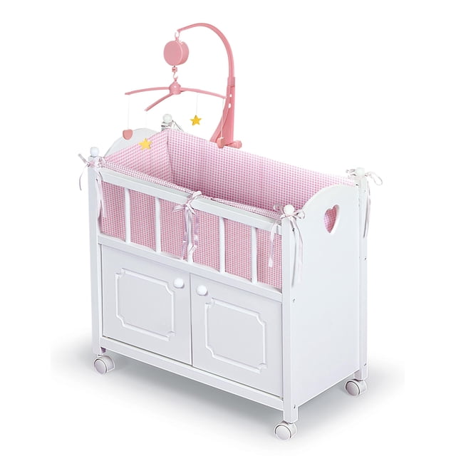 Badger Basket Wooden Toy Doll Bed with Bedding, Storage Cabinet, Mobile, and Wheels - Fits 18 to 22-Inch Dolls, White with Pink Gingham Fabric for Pretend Play