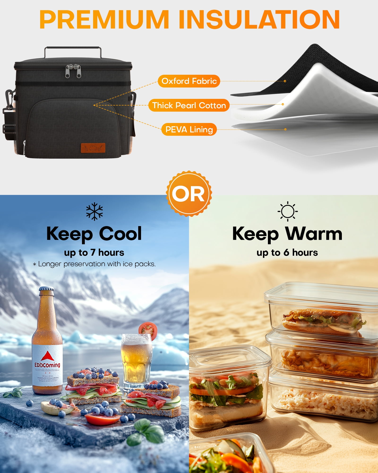 HOTOR Insulated Lunch Box for Men and Women, Portable Soft Cooler Bag with 4 Pockets, Adjustable Shoulder Strap, Black