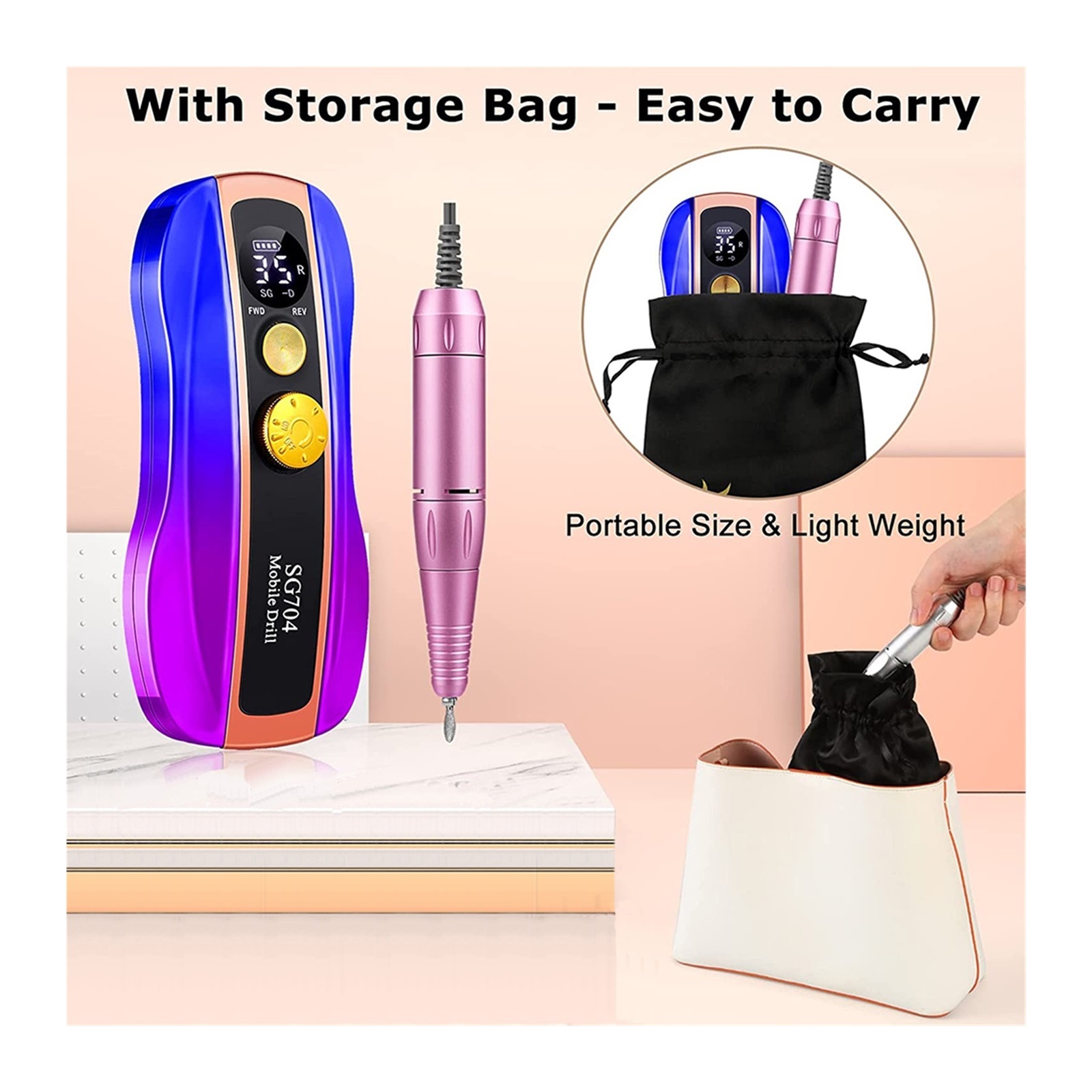 Electric Nail Drill For Acrylic Nails, Professional 35000RPM Rechargeable Nail Drill Machine For Acrylic Gel Polishing Remove ,Low Noise