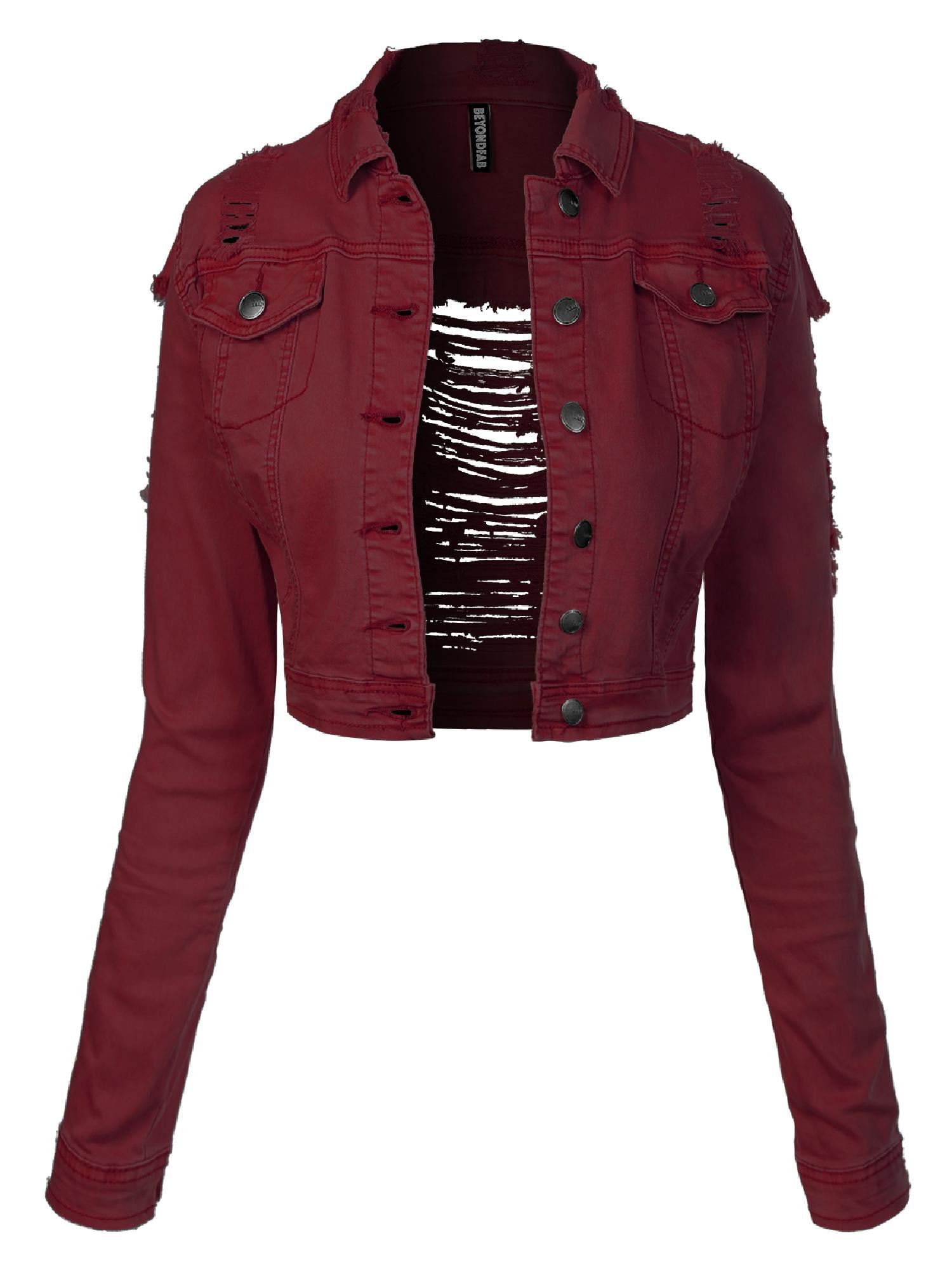 Beyondfab Womens Color Zipper Long Sleeve Cropped Denim Jacket 
