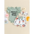 thumbnail image 5 of Aojekbee Baby Girl Summer Set, Letter Print Short Sleeve Ribbed Romper Floral Shorts Bow Headband Infant Toddler 3 Piece Outfits, 5 of 10