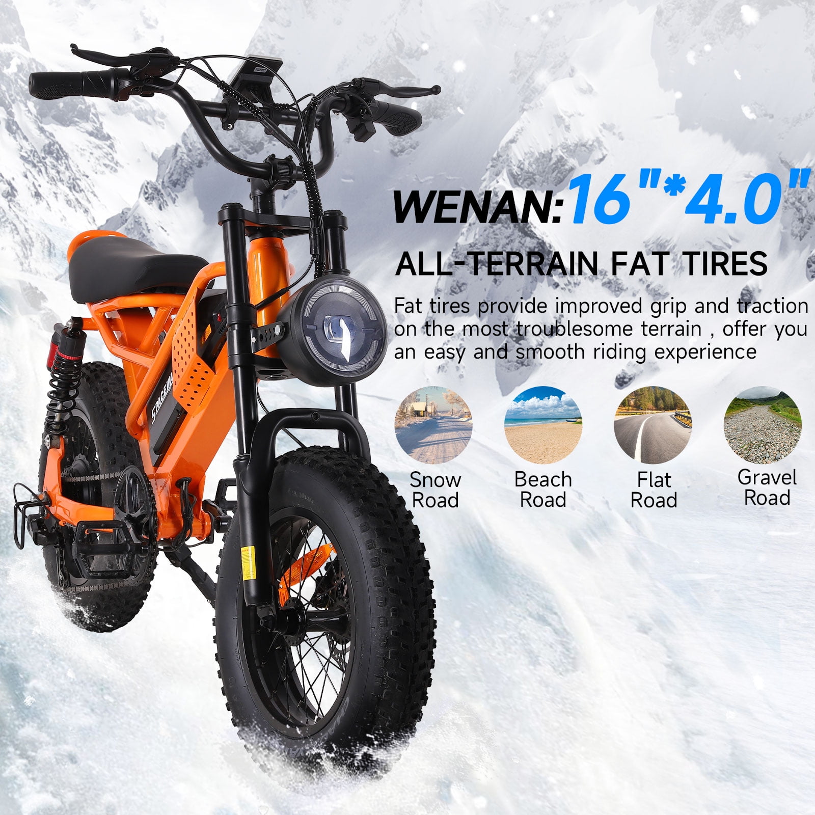 Spacewalk 16" Fat Tire Electric Bike – 750W Motor, 21.7MPH, 48V 15Ah Removable Battery – Compact Ebike for Riders 4'10" to 5'5" & Teens – 4 Shock Absorbers, Smooth Ride