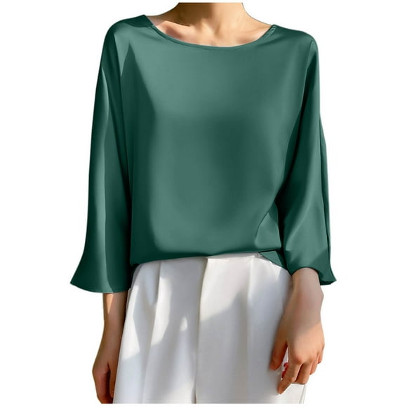 aidice Business Casual Tops for Women Satin Round Neck 3/4 Length Sleeve Blouses Loose Office Shirts