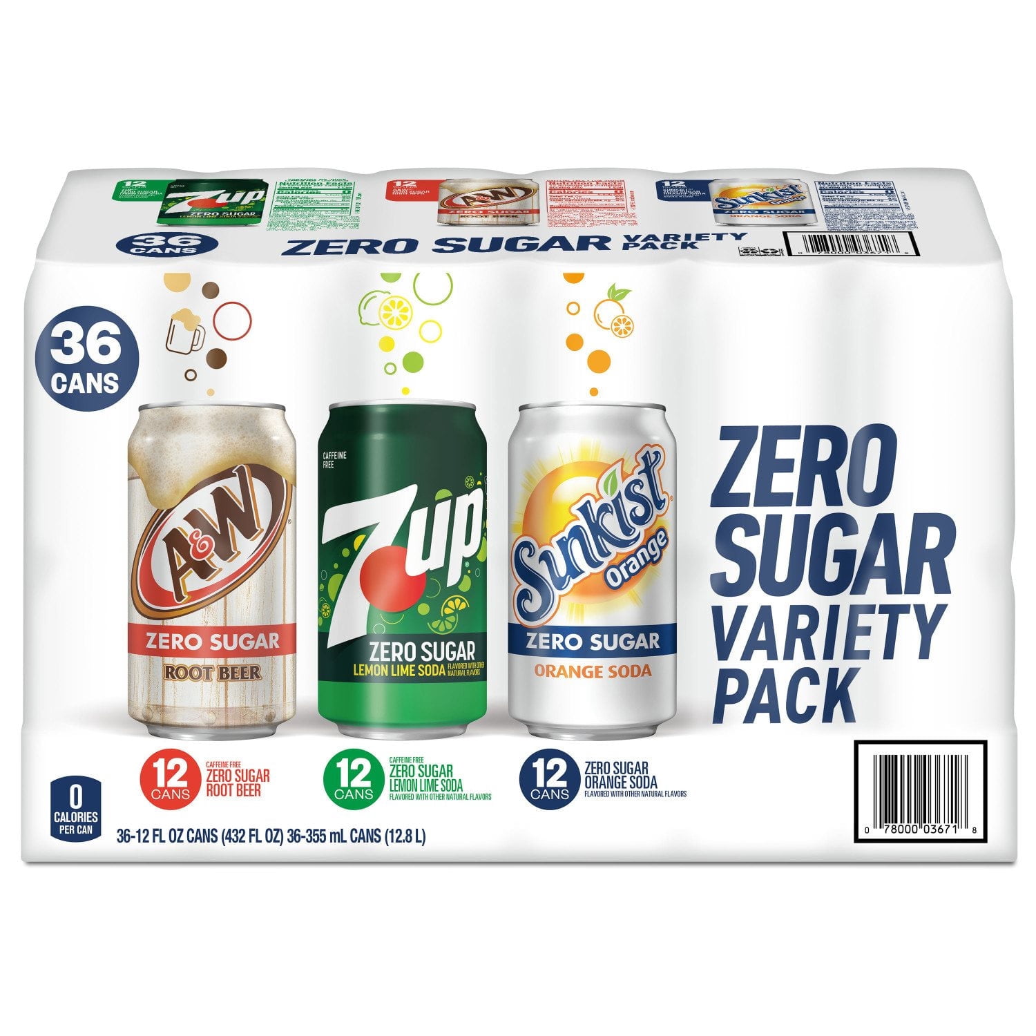 7UP, Sunkist & A&W Zero Sugar Soda Variety Pack, 12 fl oz Cans, 36 Pack – Zero Calories, Assorted Flavors