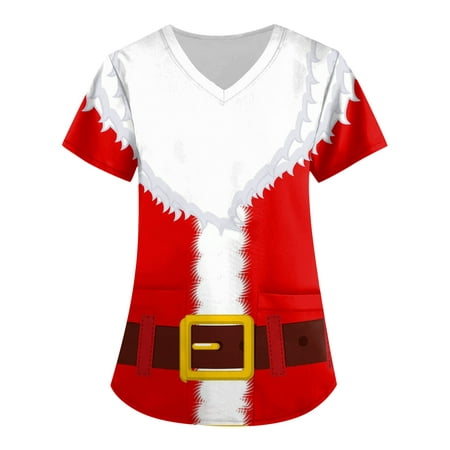 

Mlqidk Women Scrub Tops Fashion Christmas Santa Claus Snowman Christmas Top Workwear with Pockets Short Sleeve V-Neck Nursing Working Uniform 2XL