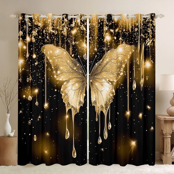 Homewish Romantic Butterfly Animal Black Out Curtains, Gold Sequin Print Curtains Pack of 2 (42x63 Each), Couple Anniversary Bedroom Curtains, Curtains and Drapes Decor