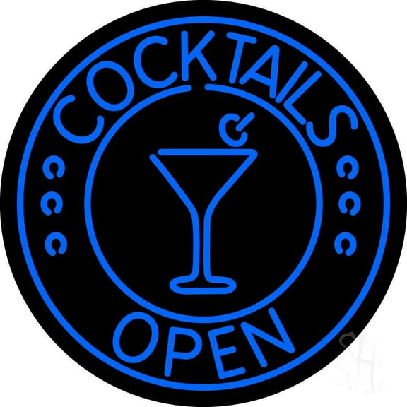 Blue Cocktails Open LED Neon Sign 26 x 26 - inches, Clear Edge Cut Acrylic Backing, with Dimmer - Bright and Premium built indoor LED Neon Sign for Bar decor.