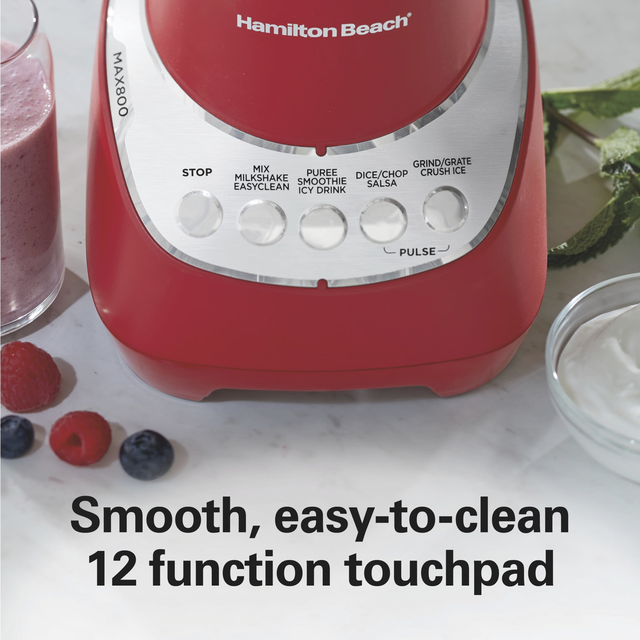 Hamilton Beach Quiet Blender, 48 oz Glass Jar, 12 Functions, Red