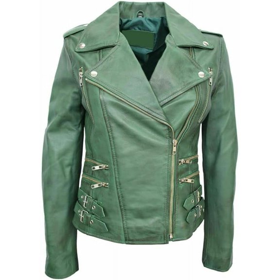 Women's Genuine Green Lambskin Leather Motorcycle Collared Jacket Christmas Stylish Coat W423