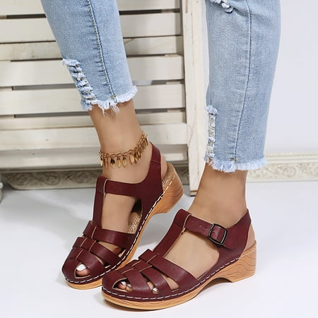 

Aayomet House Slippers for Women Sandals Womens Squared Hollow Toe Fashion Strap Shoes Out Buckle Vintage Ladies Women s slipper Wine 6.5