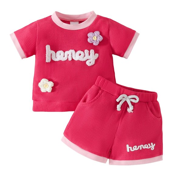 Gubotare Toddler Girl Outfits Cute Girls Clothes Short Sleeve Tops   Shorts 2Pcs Kids Summer T-shirt Outfit 6 9 Months (Hot Pink,6-9 Months)