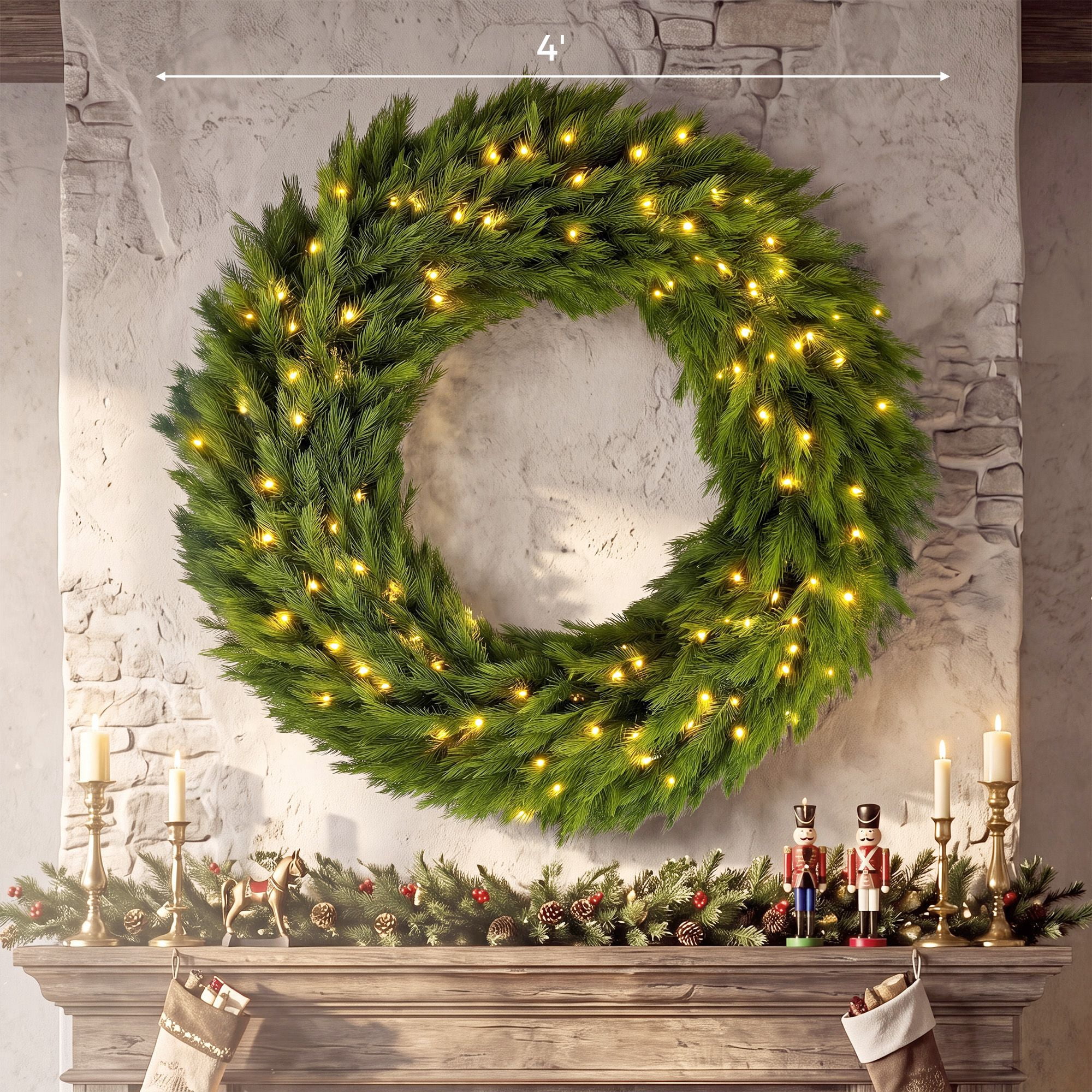 Pre-Lit Artificial Christmas Wreath, 48 in Norwegian Spruce with 150 Warm White LED Lights, 750 Branch Tips, Indoor and Covered Outdoor Holiday Door Decor
