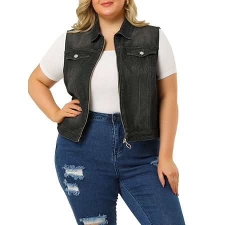 MODA NOVA Juniors Plus Size Trucker Zipper Front Sleeveless Denim Vest Jacket