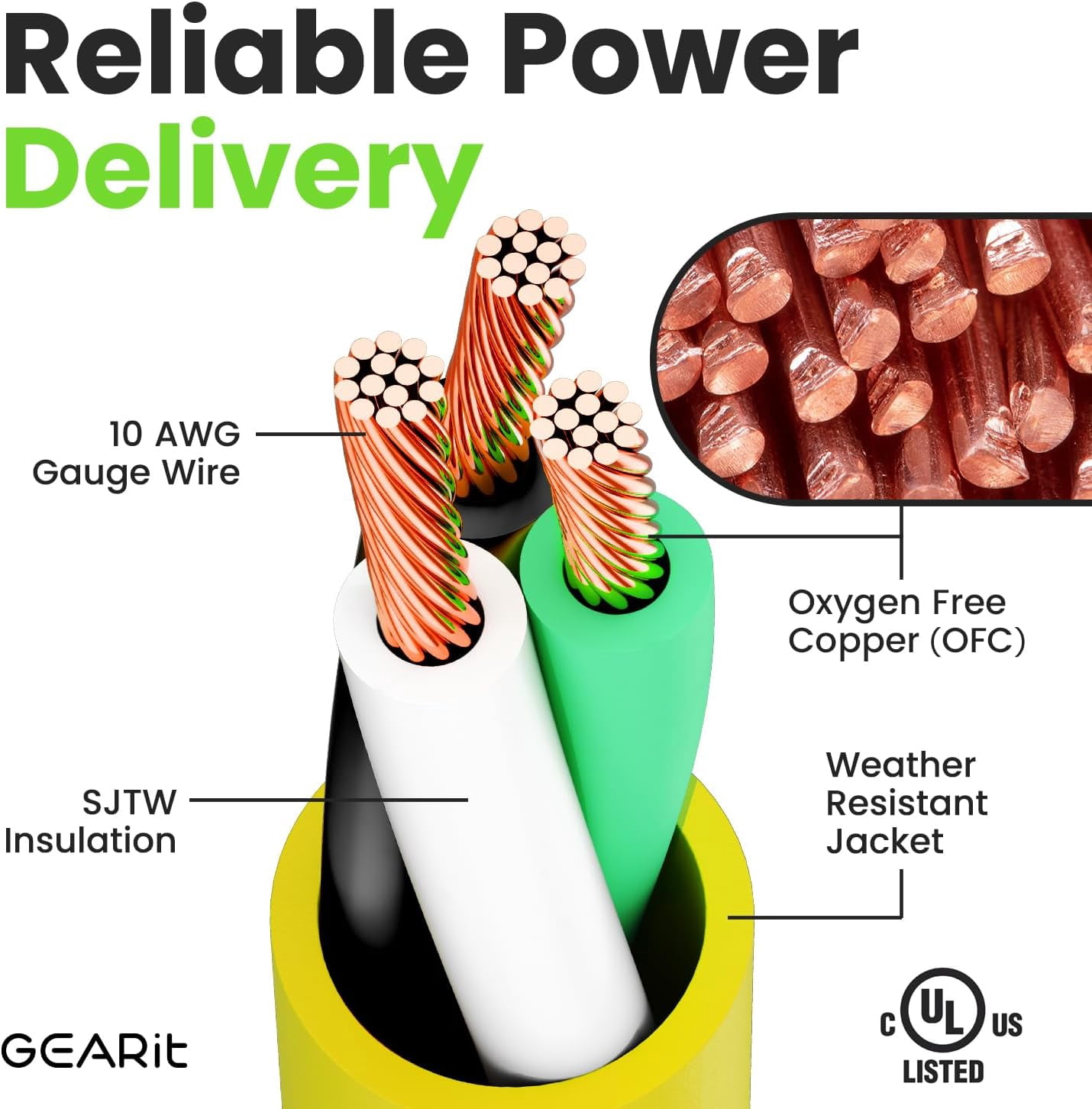 GearIT 10AWG Three Prong Outdoor Extension Cord, Heavy Duty, Indoor and Outdoor, Weather Resistant, 100 ft