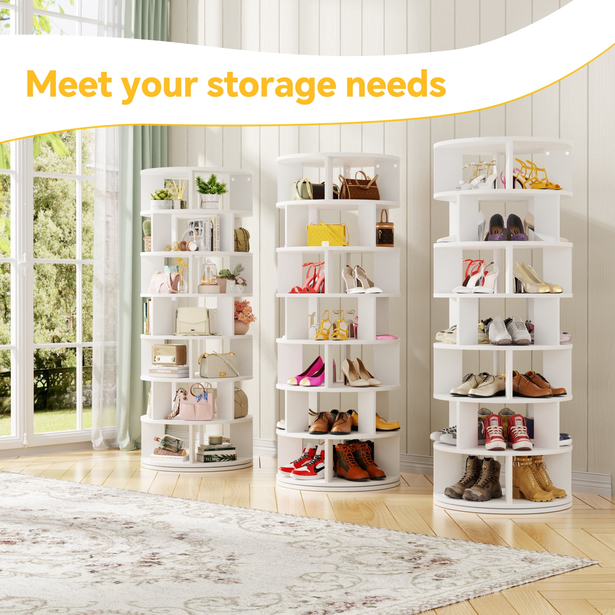 Homieasy 7-Tier Spinning Shoe Rack Tower, 360 Revolving wooden Shoe Rack, 60'' for shoes ,bags, Display Lazy Susan ,Storage Carousel,Free Standing Shoe Organizer for Entryway,White