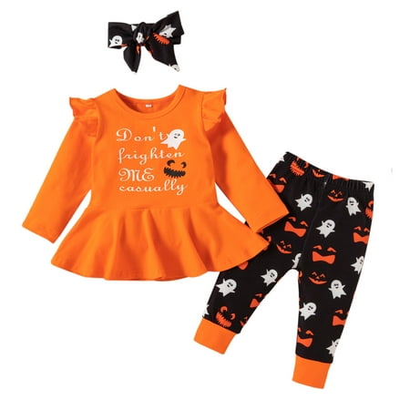 

ZHUASHUM Infant Baby Girls Halloween Letter Cartoon Ghost Dress Tops Pants Outfits Set