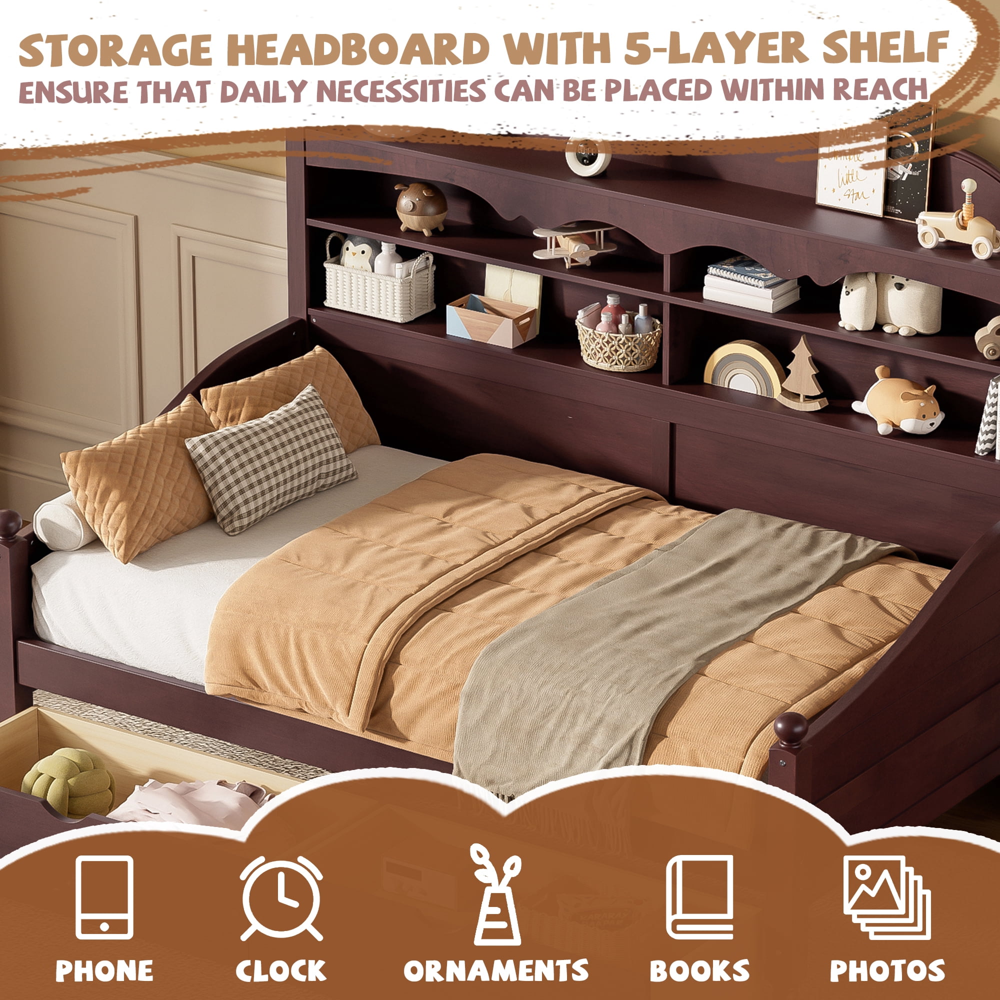 Euroco Wood Twin Size Daybed with Drawers, Captain Bed with Shelves, Espresso